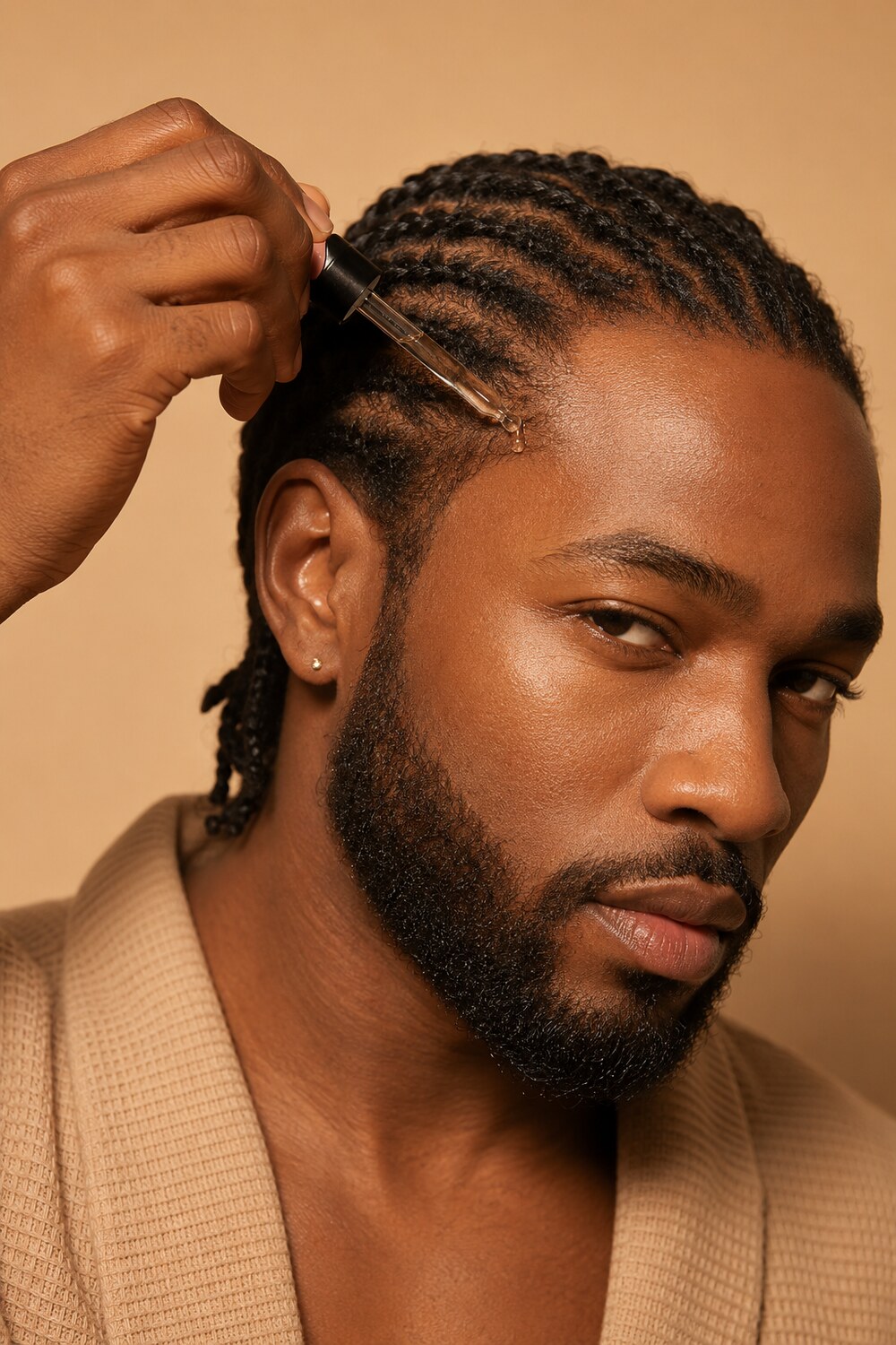 A man with cornrows applying NovaNura serum to his hairline